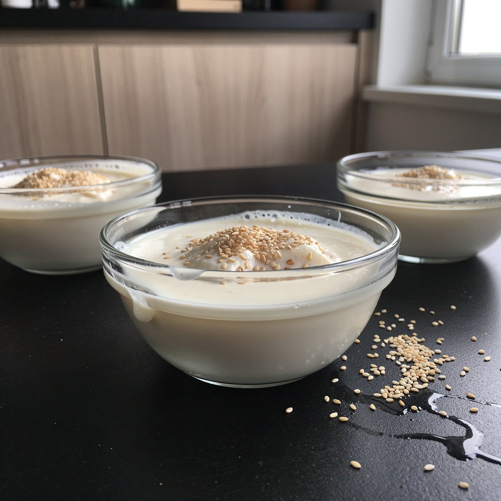 Koreański deser z mlekiem, miodem i sezamem na zimno