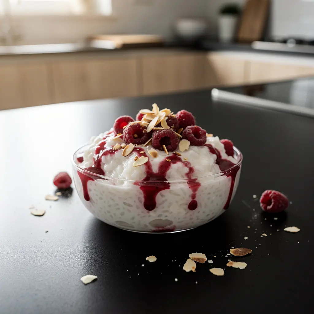 Korean Dessert with Milk, Rice and Raspberries
