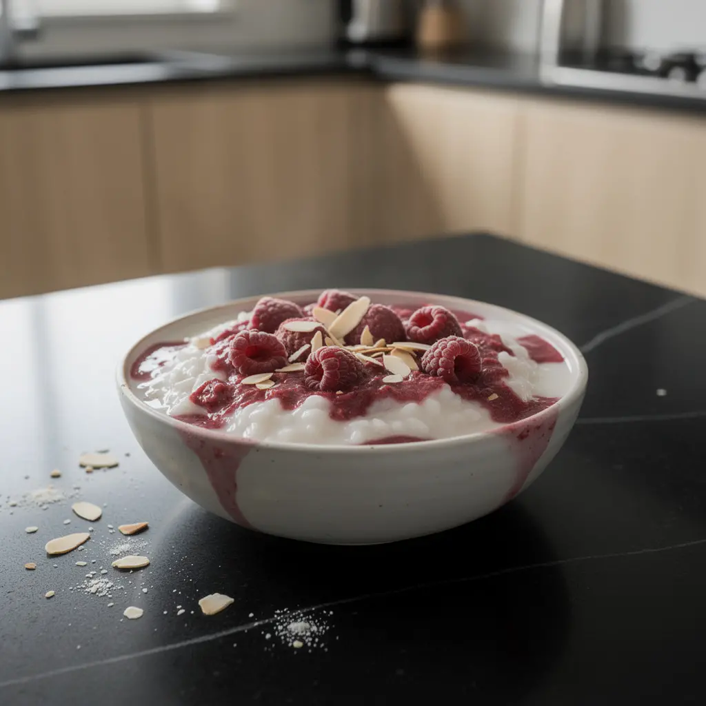 Korean Dessert with Milk, Rice and Raspberries