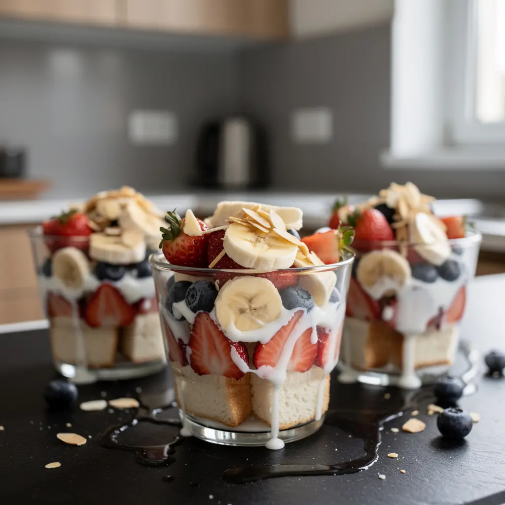 Koreański deser z mlekiem skondensowanym i owocami