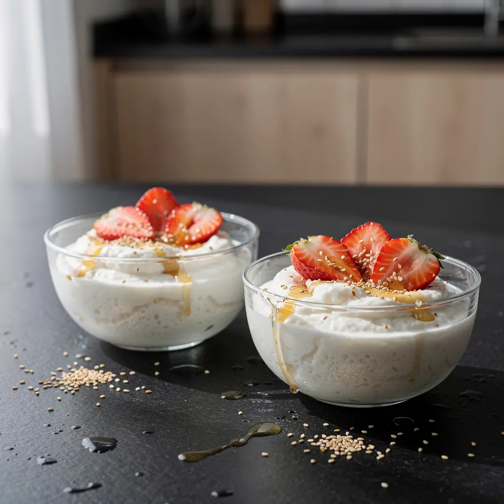 Koreański deser z ryżu kleistego, mleka i truskawek