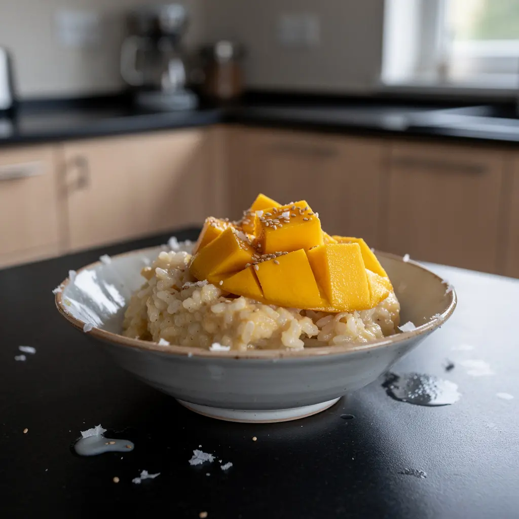 Korean Rice Dessert with Coconut Milk and Mango