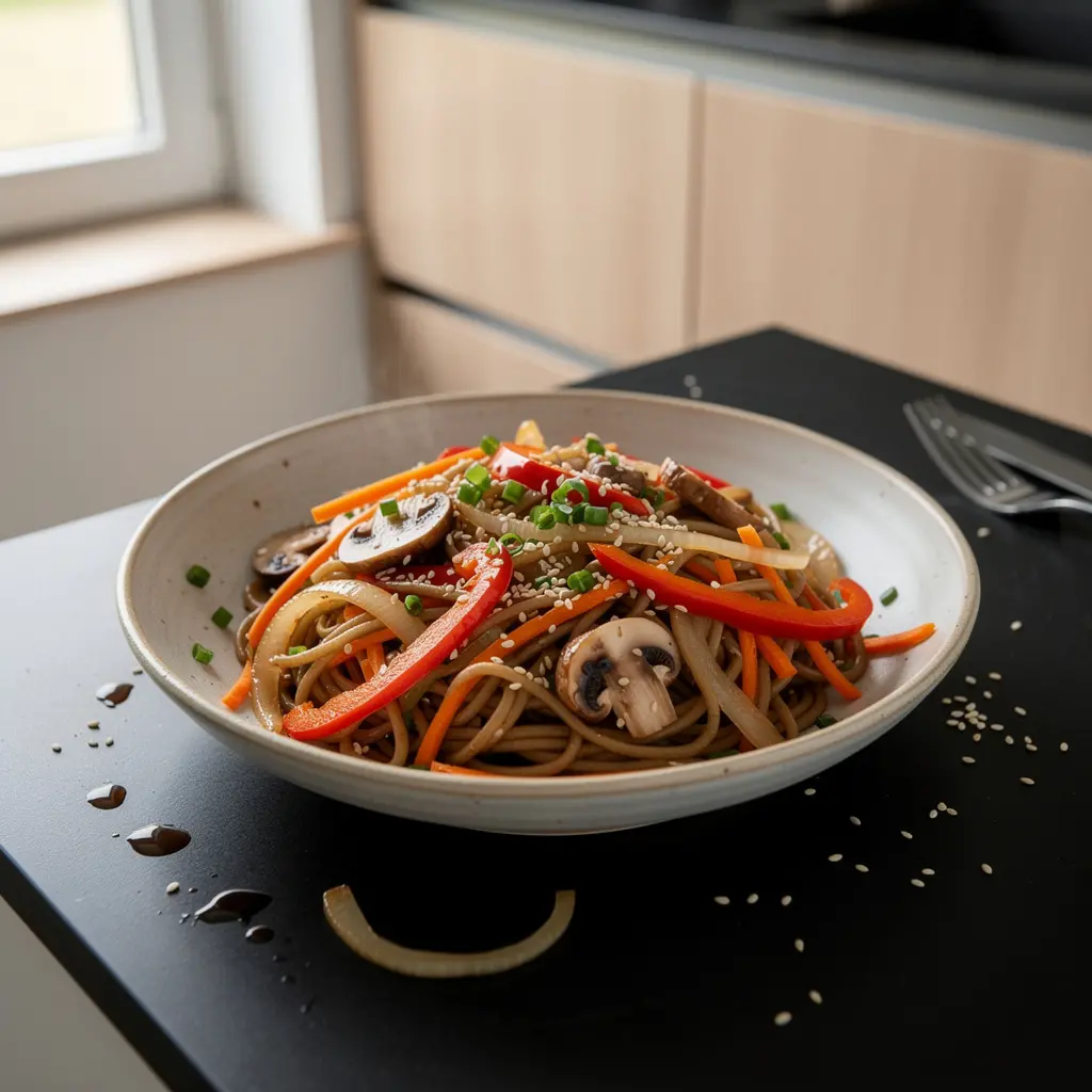 Korean Wheat Noodles with Vegetables and Sesame
