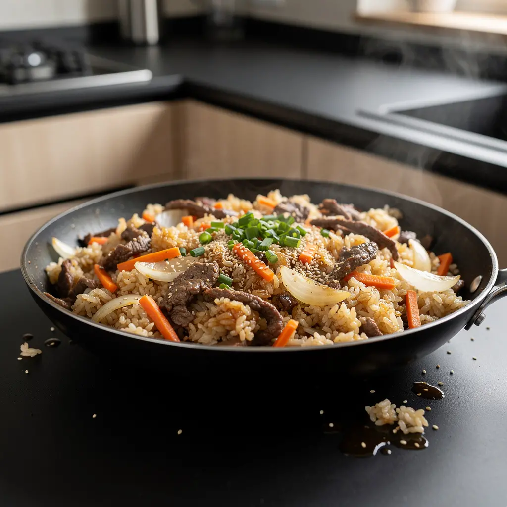 Koreański ryż z wołowiną i sezamem z jednej patelni