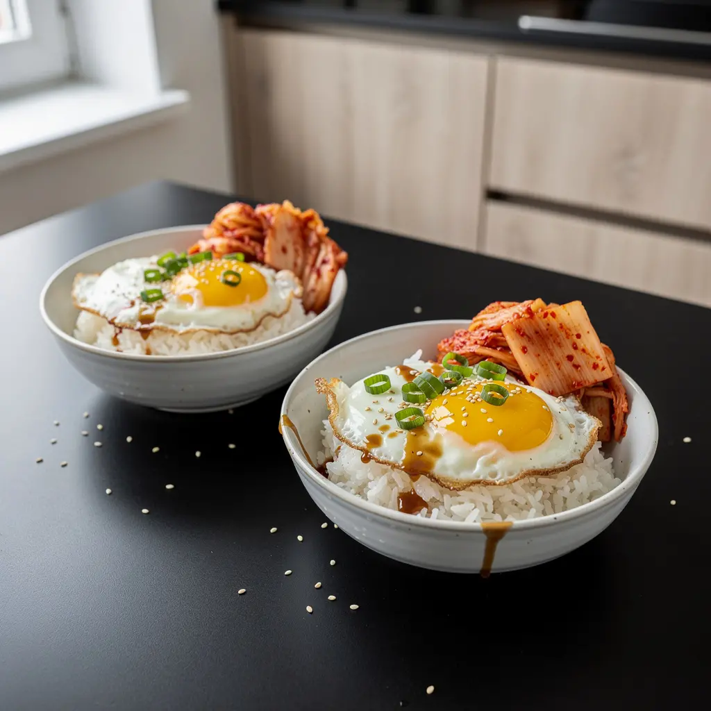 Koreańskie jajka sadzone na ryżu z kimchi