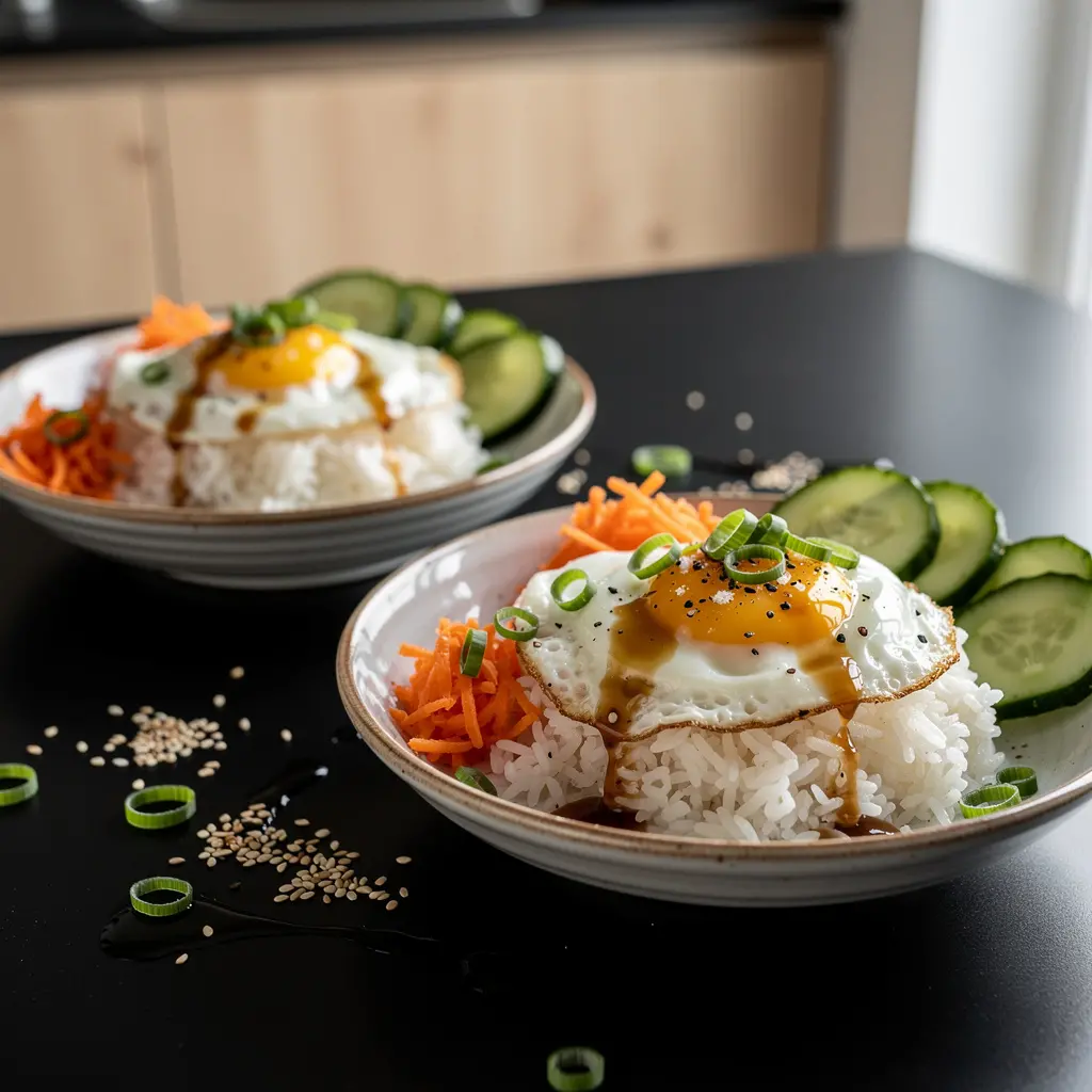 Koreańskie jajka sadzone na ryżu z warzywami i sosem sojowym