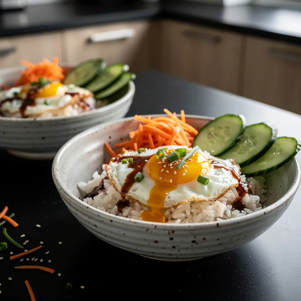 Koreańskie jajka sadzone na ryżu z warzywami