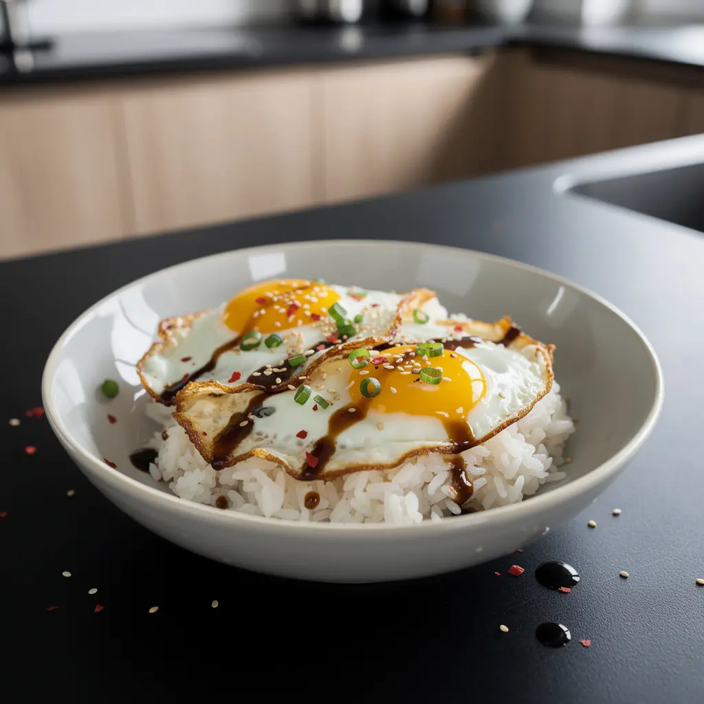 Uovo all’occhio di bue coreano sul riso con salsa di soia e sesamo