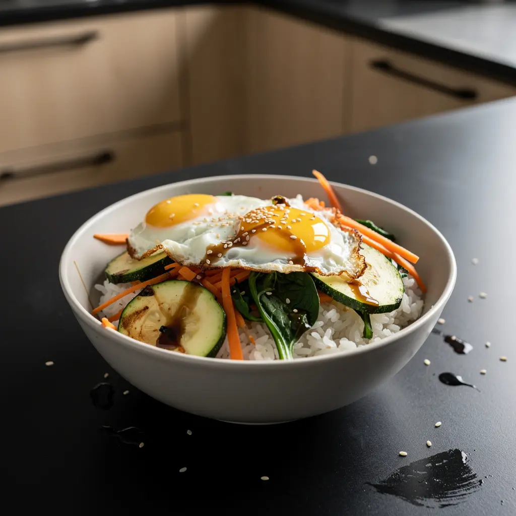 Huevo frito coreano sobre arroz con verduras