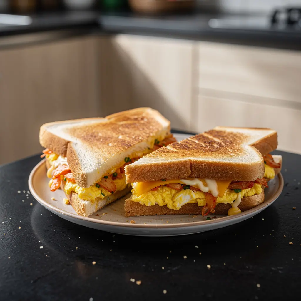 Koreańskie kanapki z jajkiem i kimchi z patelni