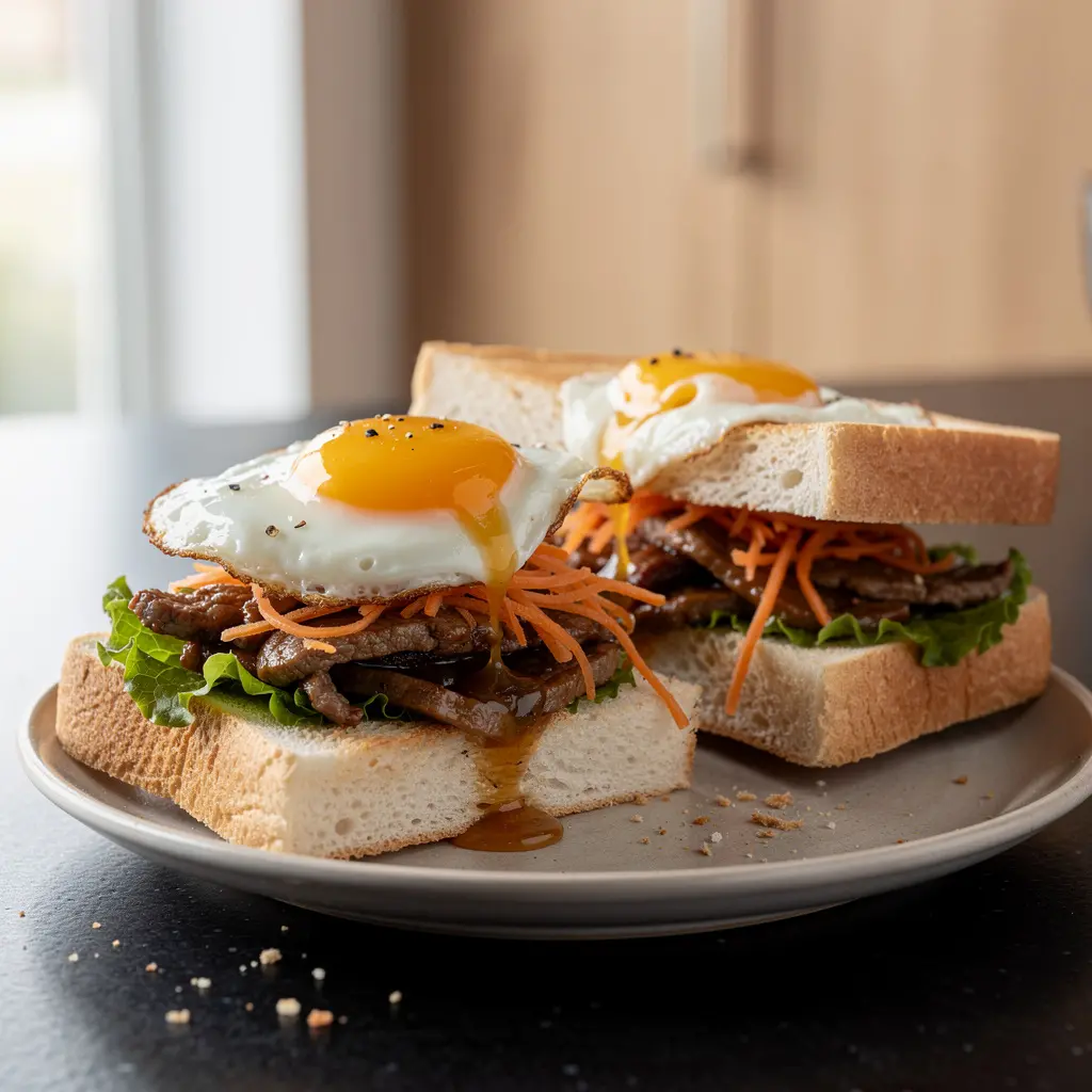 Bocadillos coreanos con ternera y huevo frito