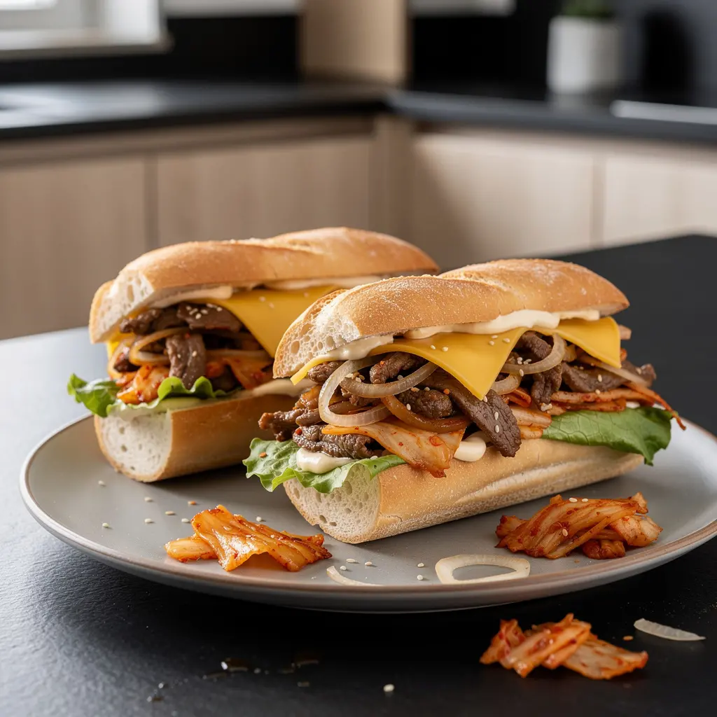 Koreańskie kanapki z wołowiną i kimchi z patelni