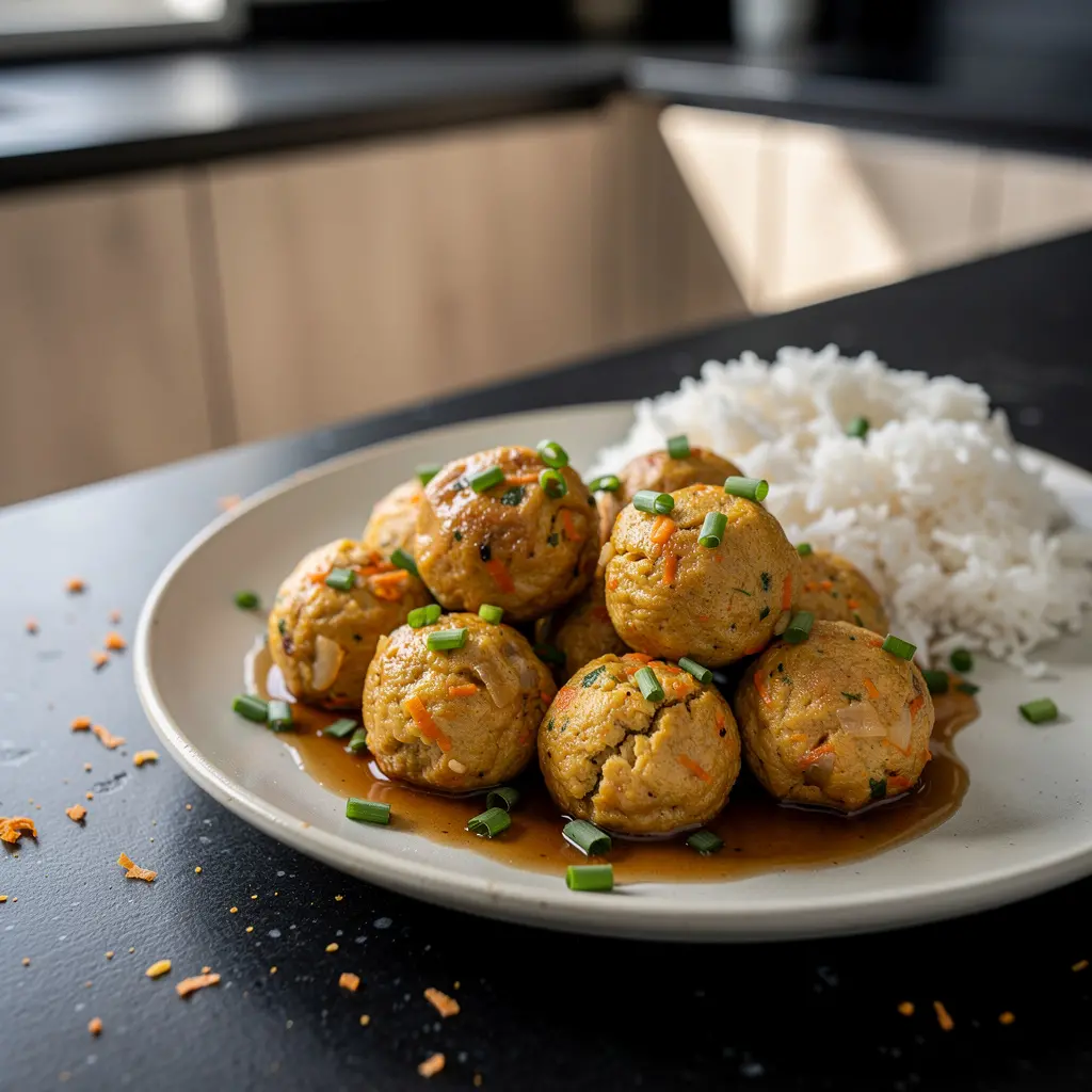 Koreańskie klopsiki z tofu i warzyw w sosie sojowym