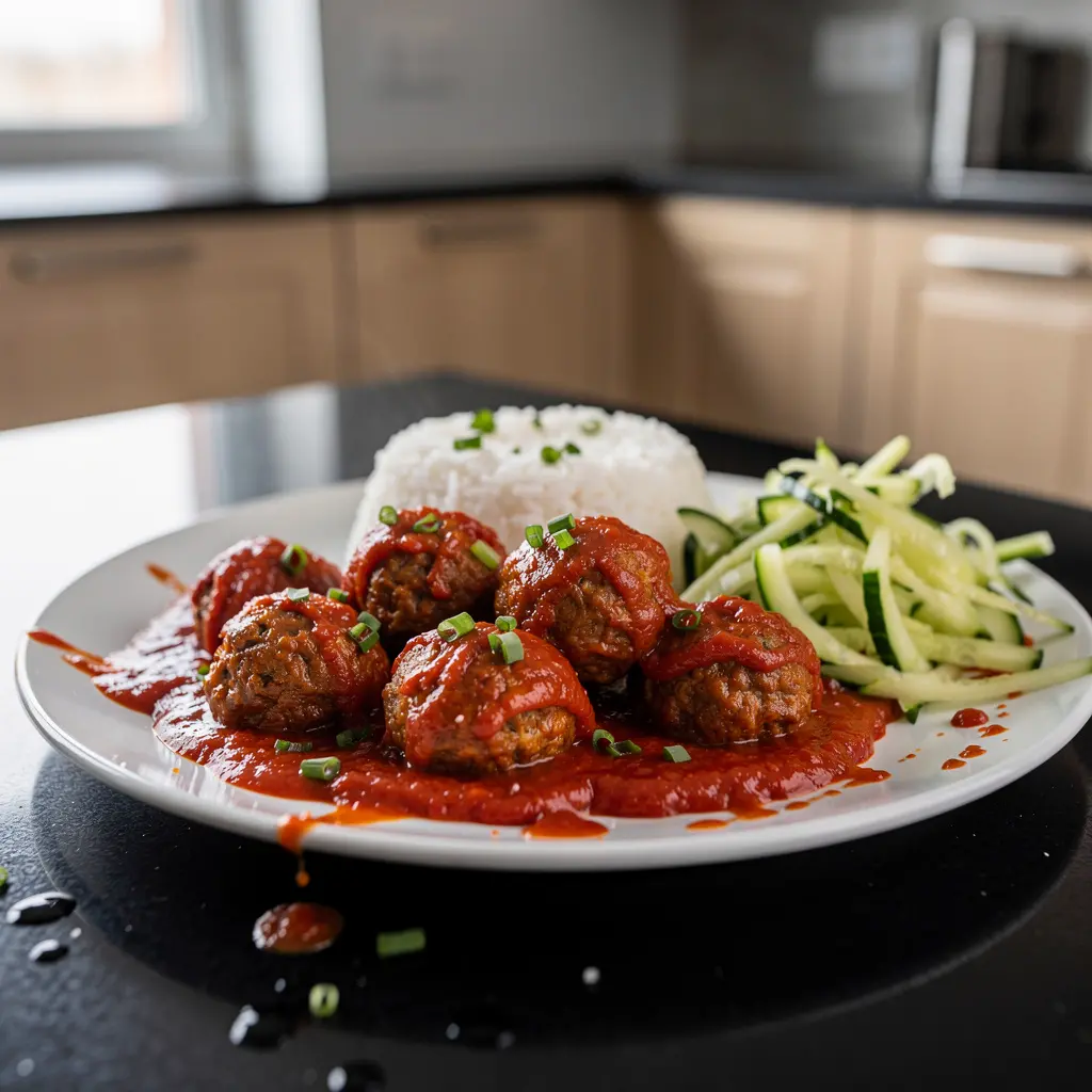 Koreańskie klopsiki z wieprzowiny w sosie pomidorowo-gochujang