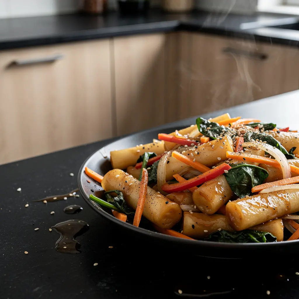 Koreańskie kluseczki ryżowe z warzywami z patelni