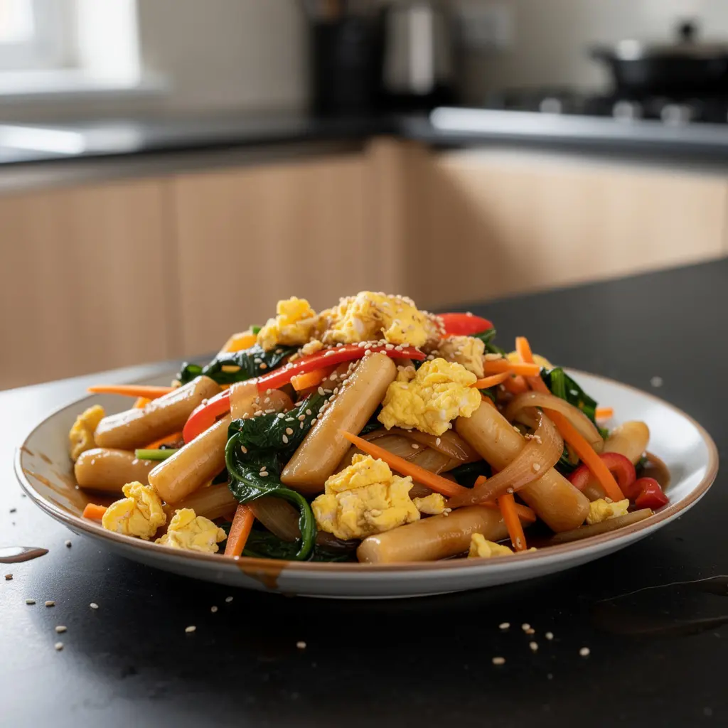 Nouilles de riz coréennes sautées aux légumes et à l’œuf