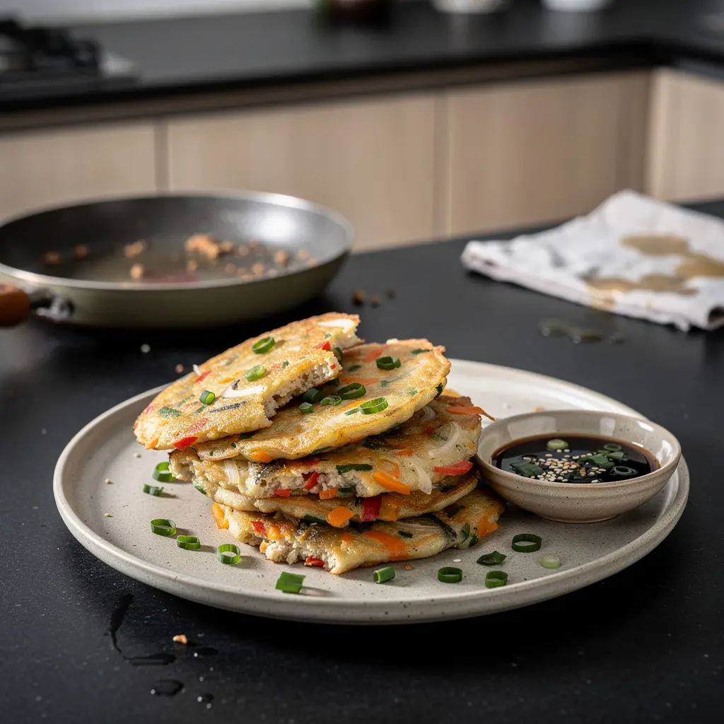 Tortitas coreanas de pescado con verduras a la sartén