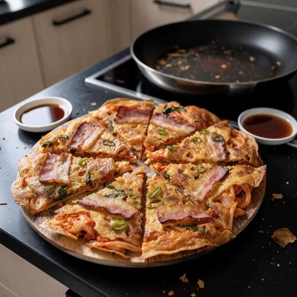 Koreańskie naleśniki z kimchi i boczkiem na patelni