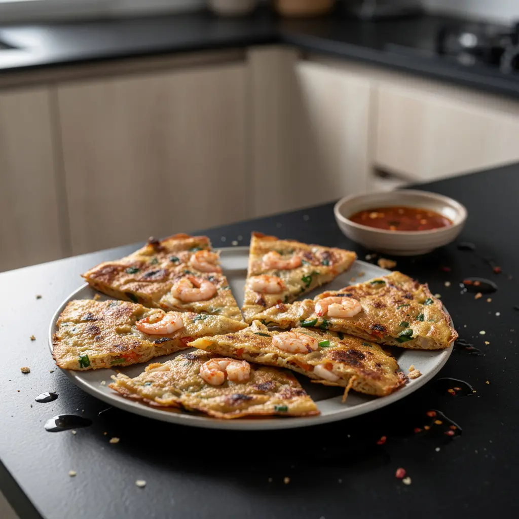 Koreańskie naleśniki z kimchi i krewetkami