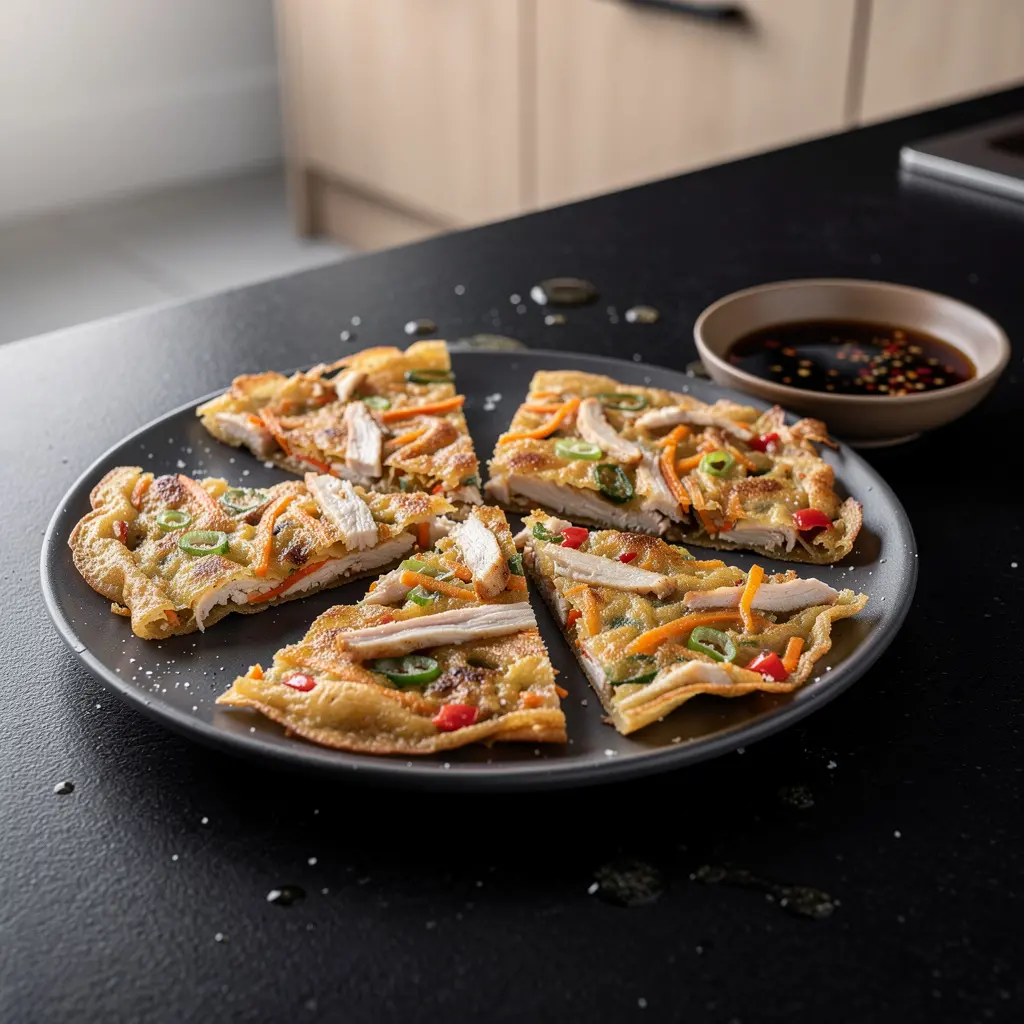 Crepes coreanos con pollo y verduras a la sartén