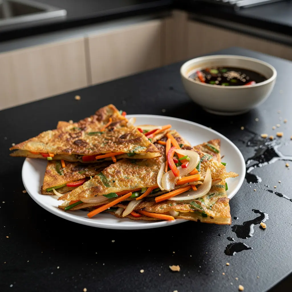 Korean vegetable pancakes with soy-sesame dipping sauce
