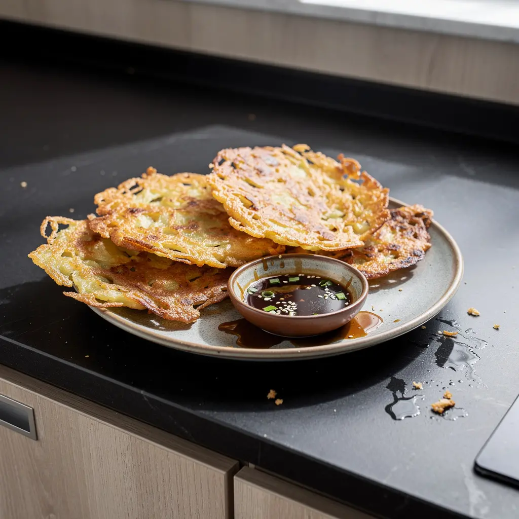 Koreańskie placki ziemniaczane gamja jeon z dipem sojowo-sezamowym