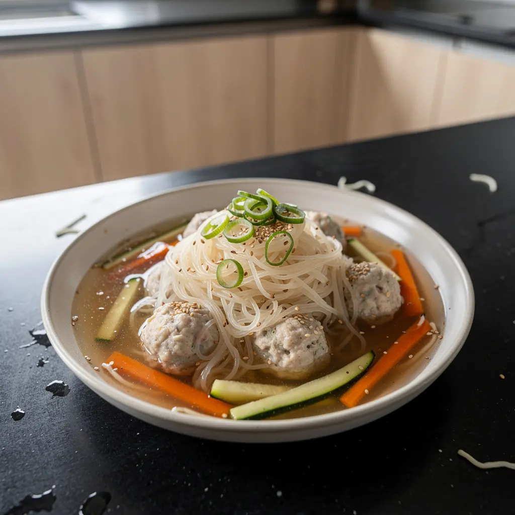 Koreańskie pulpeciki rybne z makaronem ryżowym w bulionie