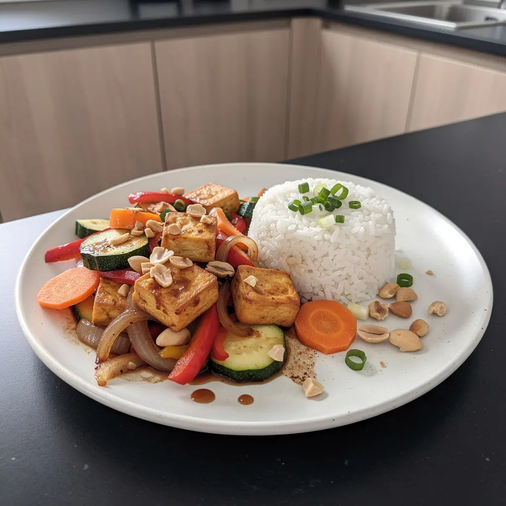 Koreańskie smażone tofu z warzywami i orzeszkami