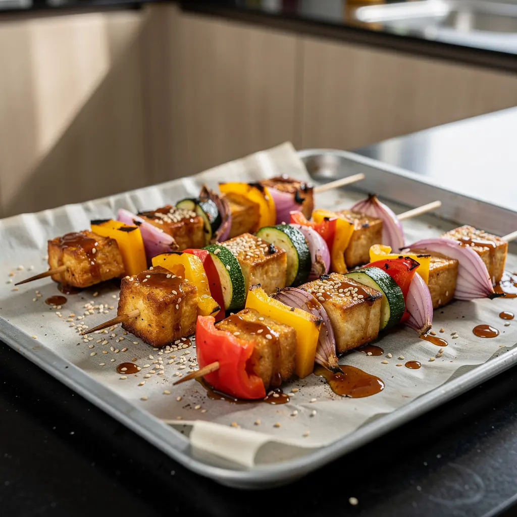 Koreańskie szaszłyki z tofu i warzywami z piekarnika