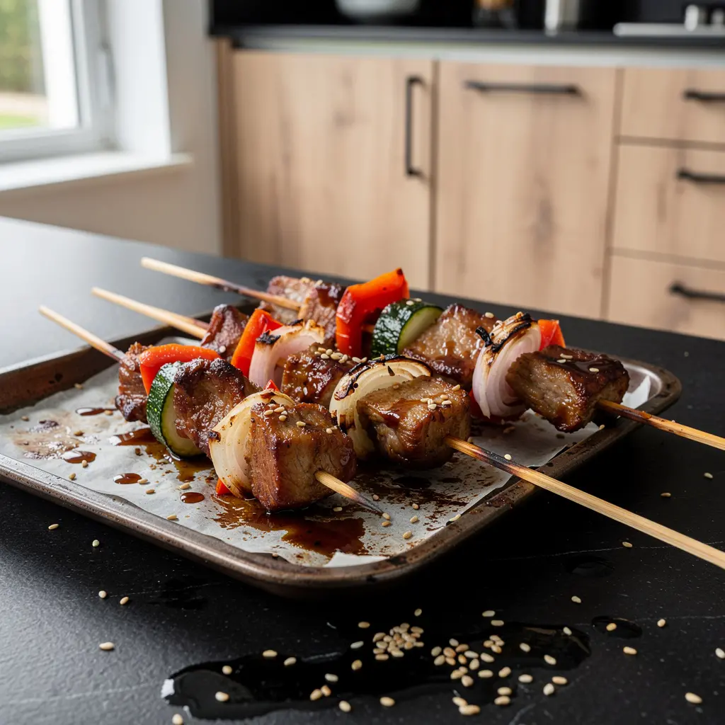Koreańskie szaszłyki z wieprzowiny w sosie sojowo-czosnkowym