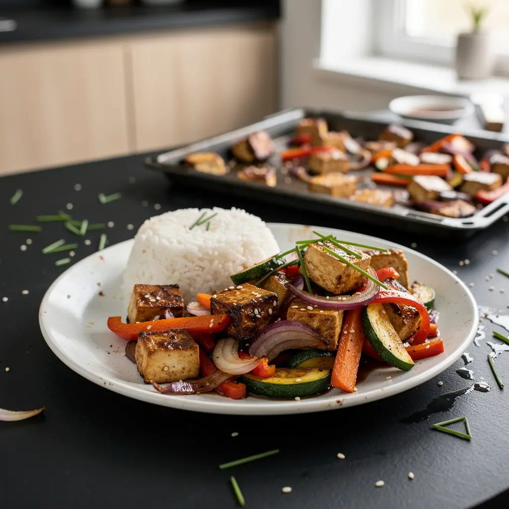 Koreańskie tofu pieczone w piekarniku z warzywami