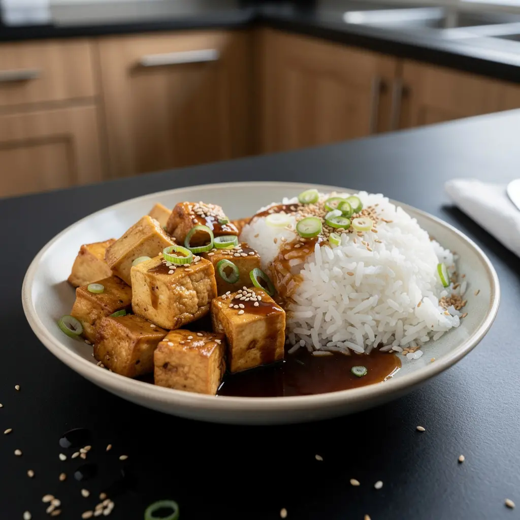 Koreańskie tofu w sosie miodowo-czosnkowym z ryżem