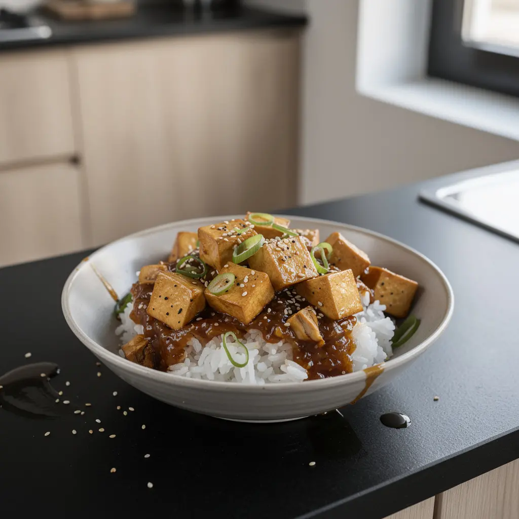 Tofu coréen en sauce miel-soja avec sésame