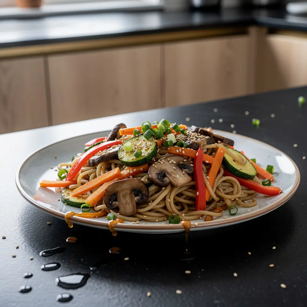 Koreańskie warzywa smażone z makaronem pszennym i sezamem