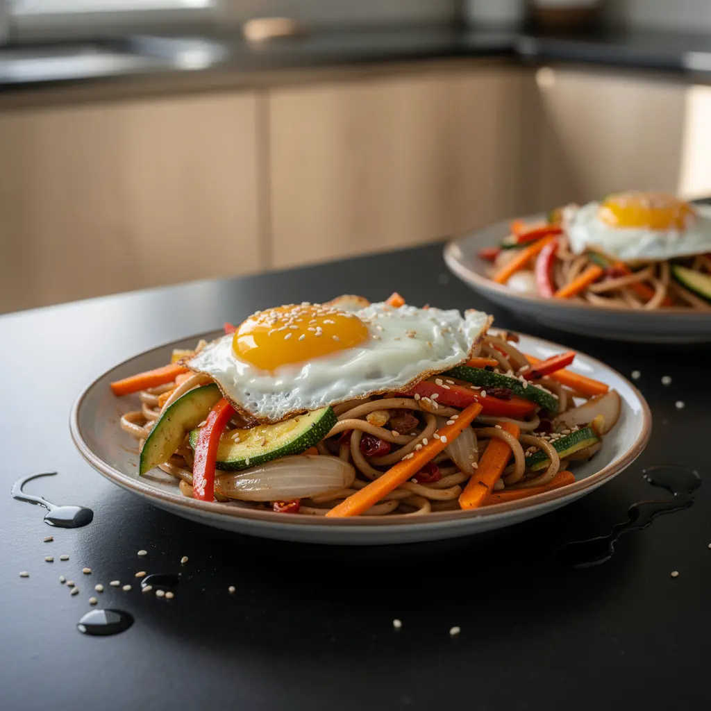 Koreańskie warzywa z patelni z makaronem pszennym i jajkiem