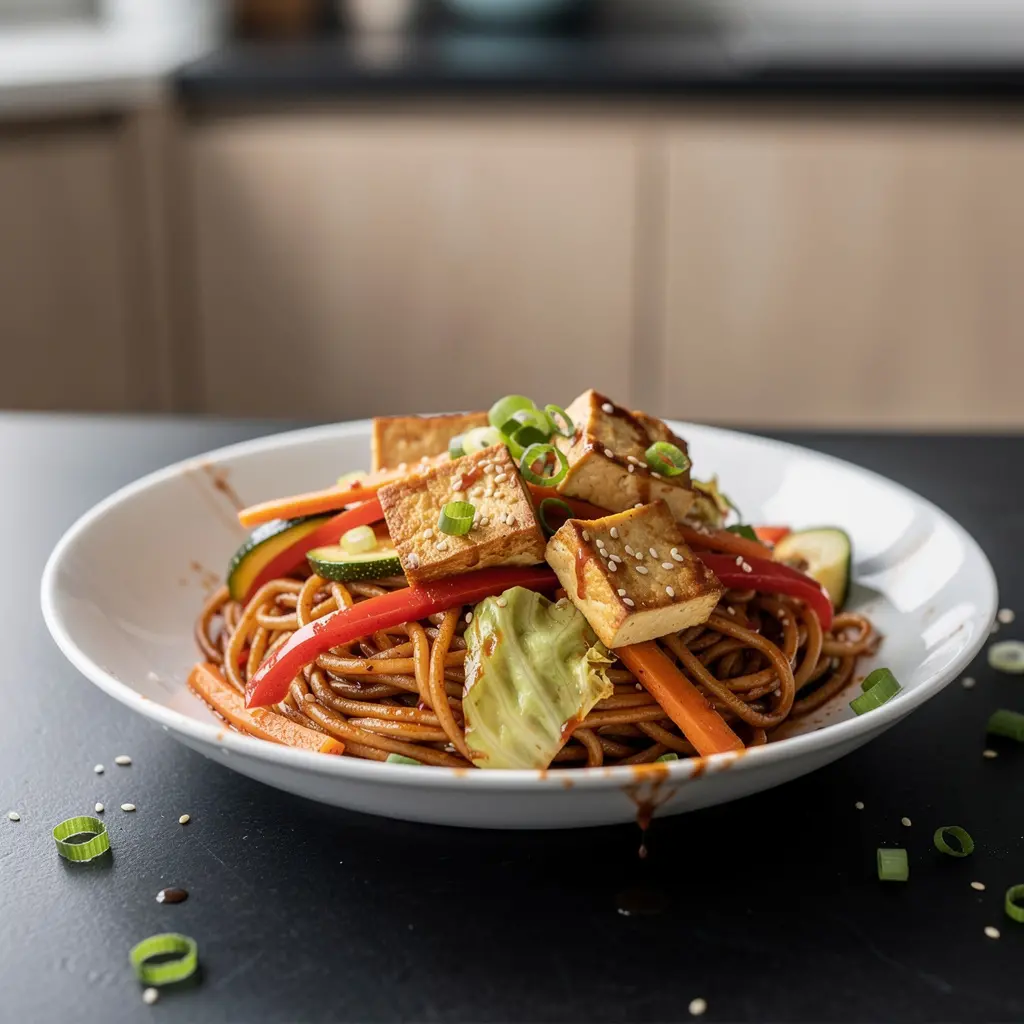 Koreańskie warzywa z patelni z makaronem pszennym i tofu