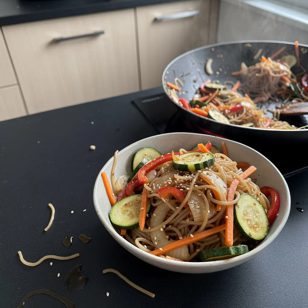 Légumes sautés coréens avec nouilles de riz