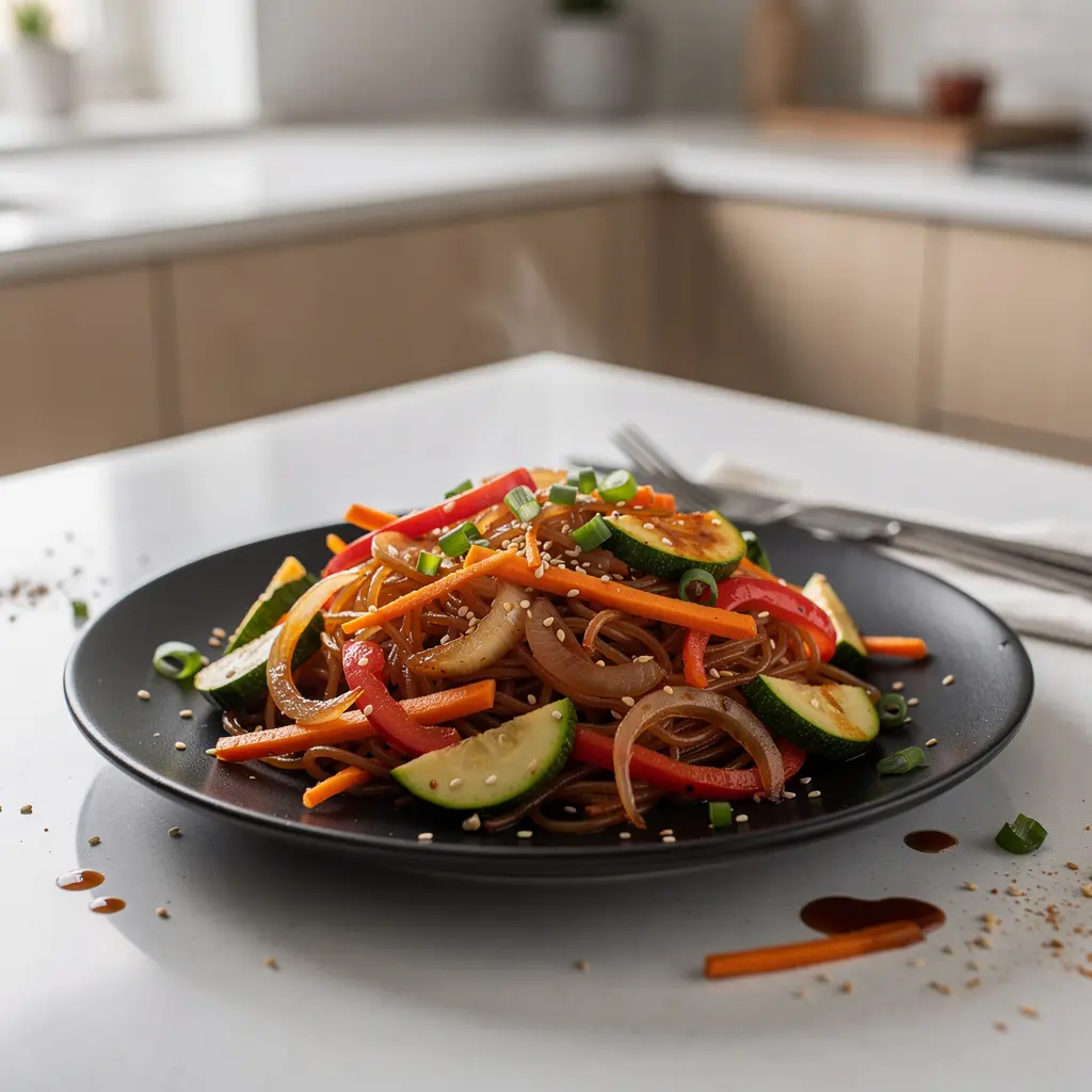 Koreańskie warzywa z patelni z makaronem ryżowym