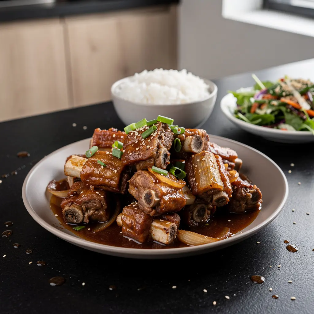 Koreańskie żeberka wieprzowe duszone w sosie sojowo-imbirowym