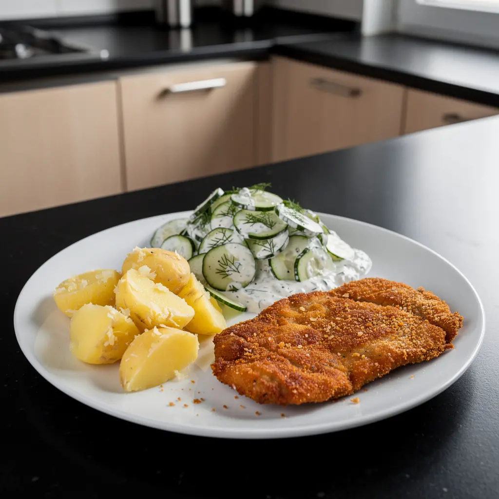 Pork Schnitzel with Potatoes and Cucumber Salad