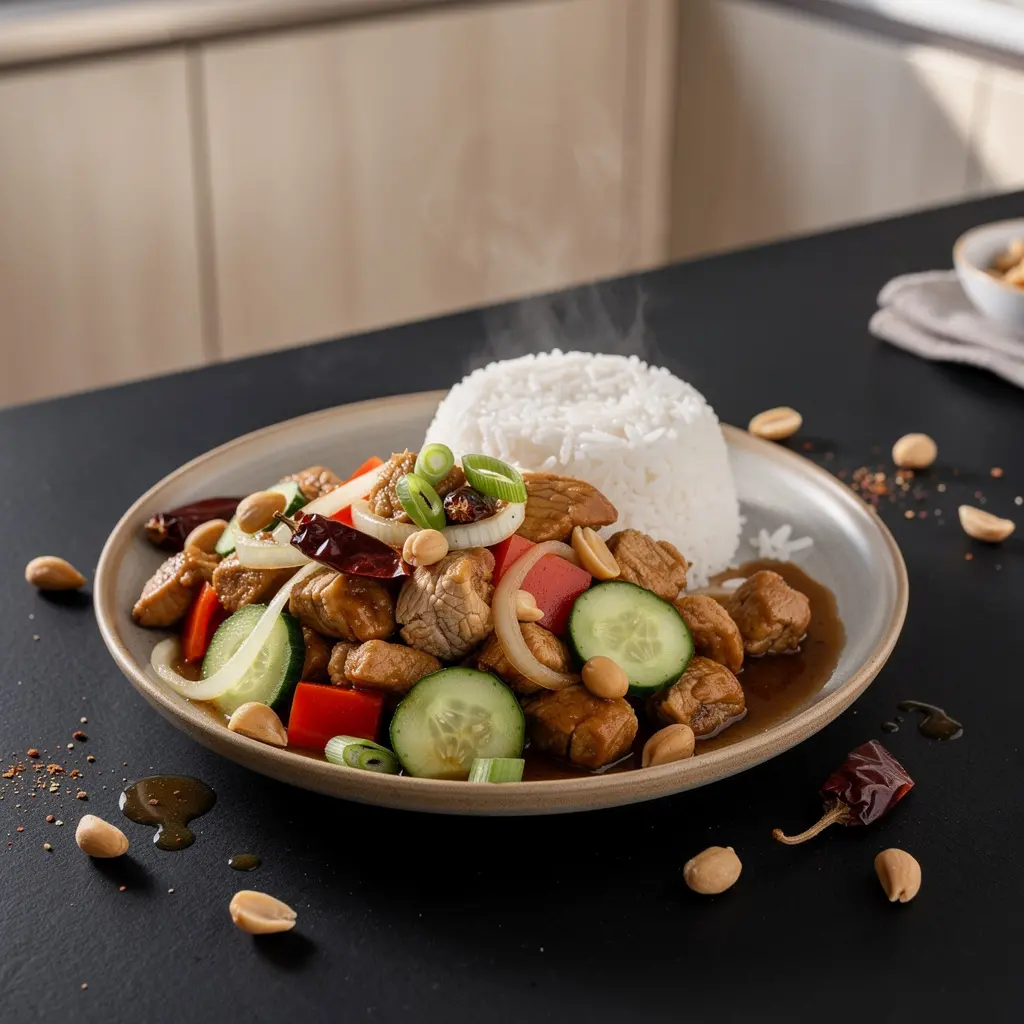 Kurczak gong bao z orzeszkami ziemnymi po domowemu