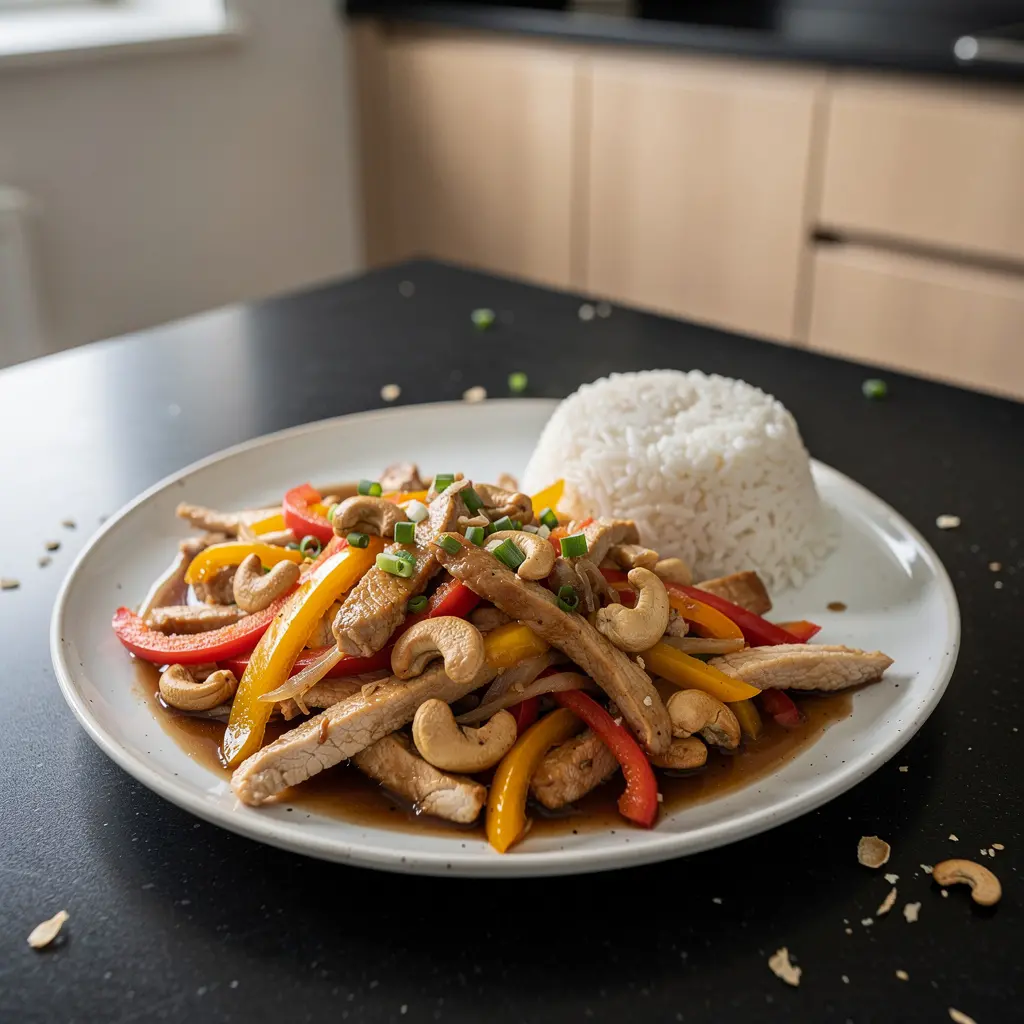 Kurczak po chińsku z orzeszkami nerkowca i papryką