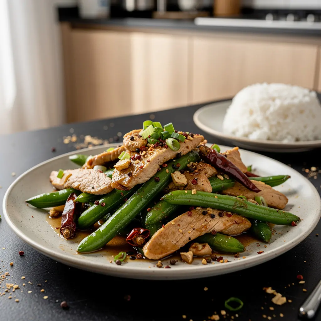 Kurczak po seczuańsku z zieloną fasolką i pieprzem syczuańskim