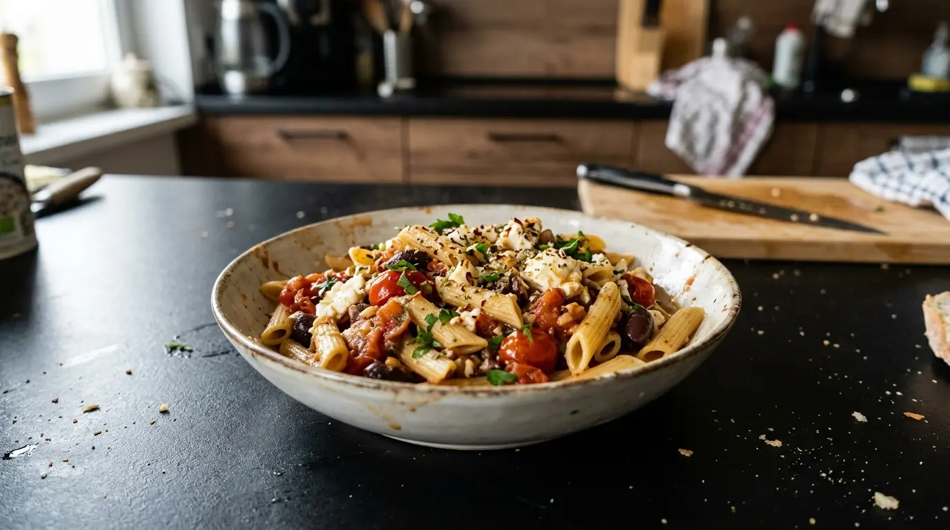 Makaron me elies kai domata – grecki makaron z oliwkami, pomidorami i fetą