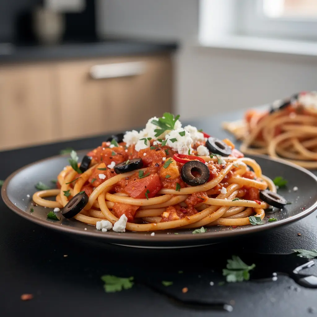 Makaron me elies kai domata – grecki makaron z oliwkami, pomidorami i fetą