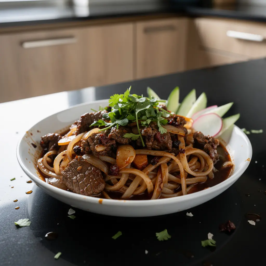 Makaron ryżowy z wołowiną po stylu Lanzhou bez zupy
