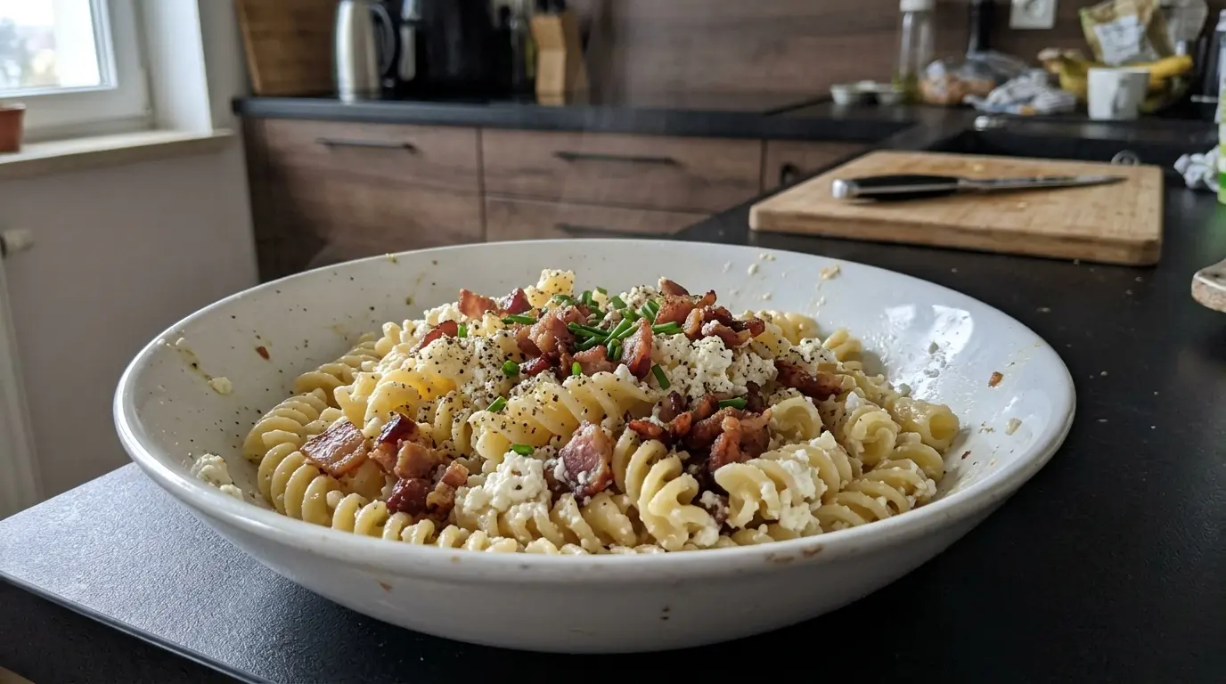 Makaron z białym serem i skwarkami z boczku