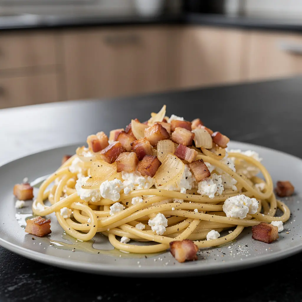 Pasta with farmer’s cheese and bacon cracklings