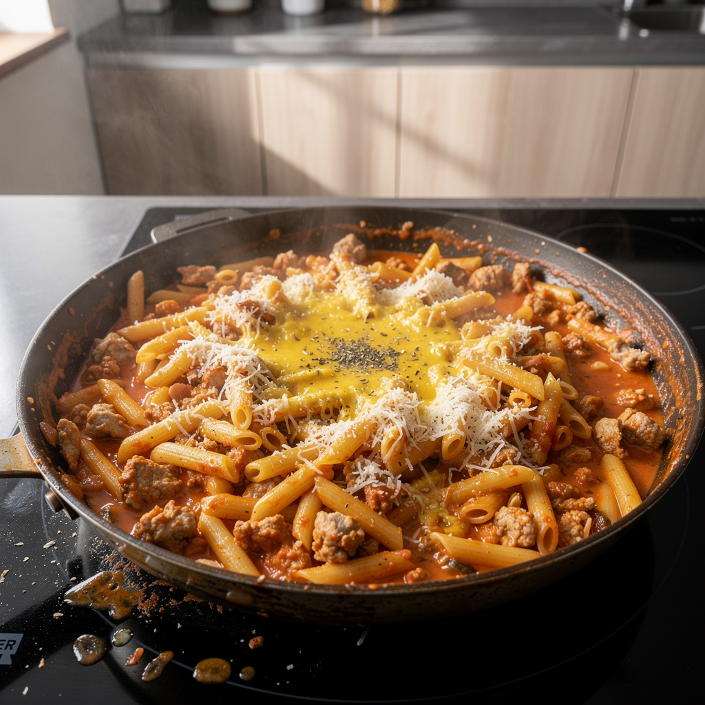 Makaron z indykiem w sosie pomidorowo-serowym