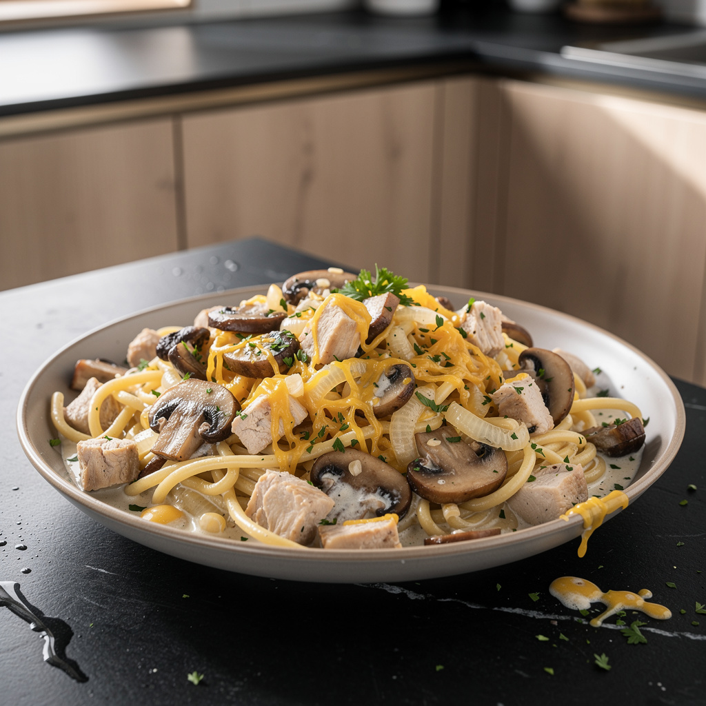 Pasta with Turkey in Creamy Mushroom Sauce, American Style